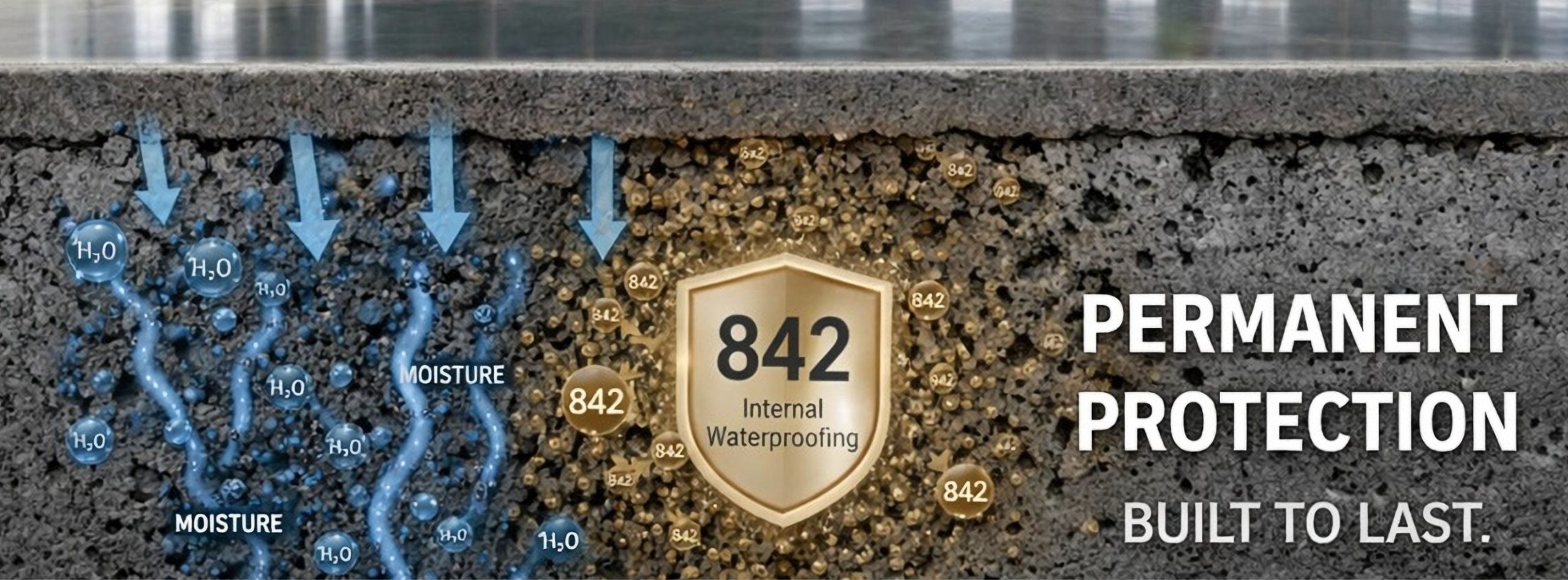side cut of the inside of concrete with CLEVA CRETE 842 Admixture protecting the concrete inside and out from Water, Chemicals and Moisture
